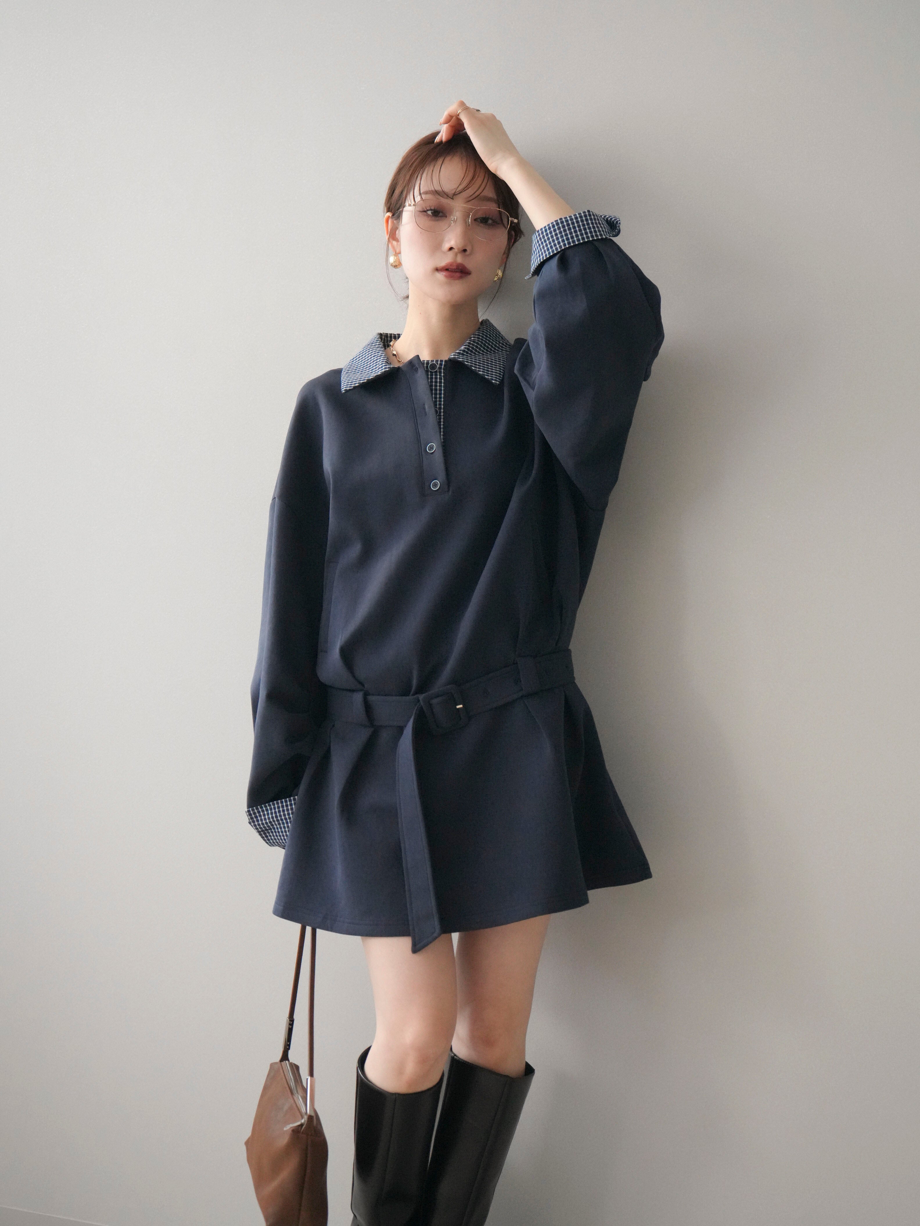 litmus ミニワンピース SET]チェック襟xスエットミニワンピース+選べるアクセセット(2set