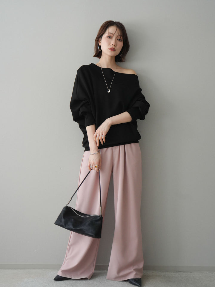 [SET]アシンメトリーオフショルポンチプルオーバー+ベルト付キーホルダーモチーフワイドパンツ(2set)