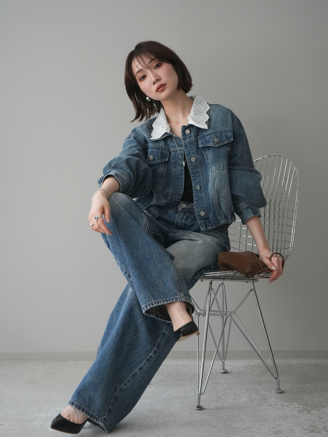 [予約]襟レースデニムショートジャケット/indigo