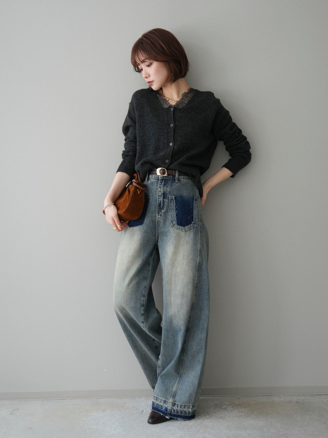 [SET]レースネックニットカーディガン+染めデザインポケットデニムパンツ(2set)