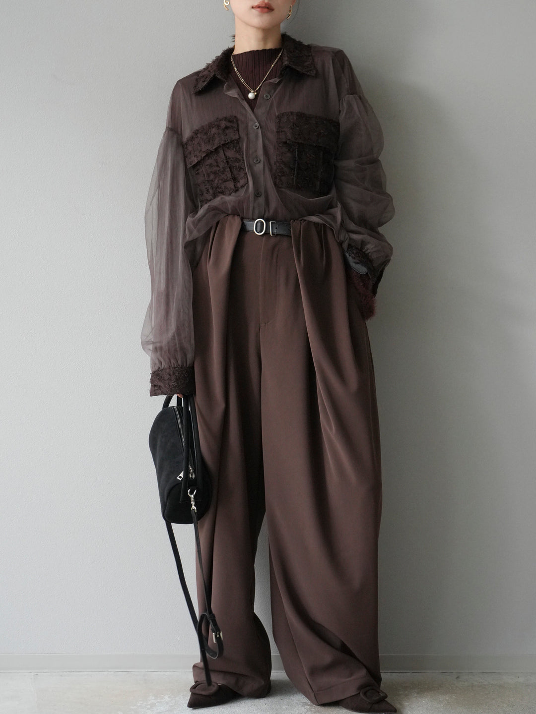 [予約]フリンジジャガード×チュールレイヤードシャツ/ブラウン