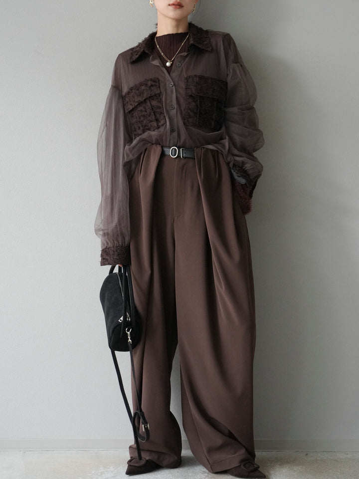 [予約]フリンジジャガード×チュールレイヤードシャツ/ブラウン