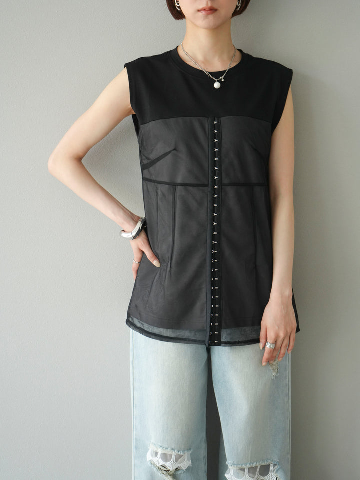 [預購] 薄紗對接鉤設計剪裁套頭衫/黑色