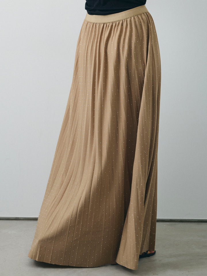 [予約]ラインストーンプリーツスカート/ベージュ