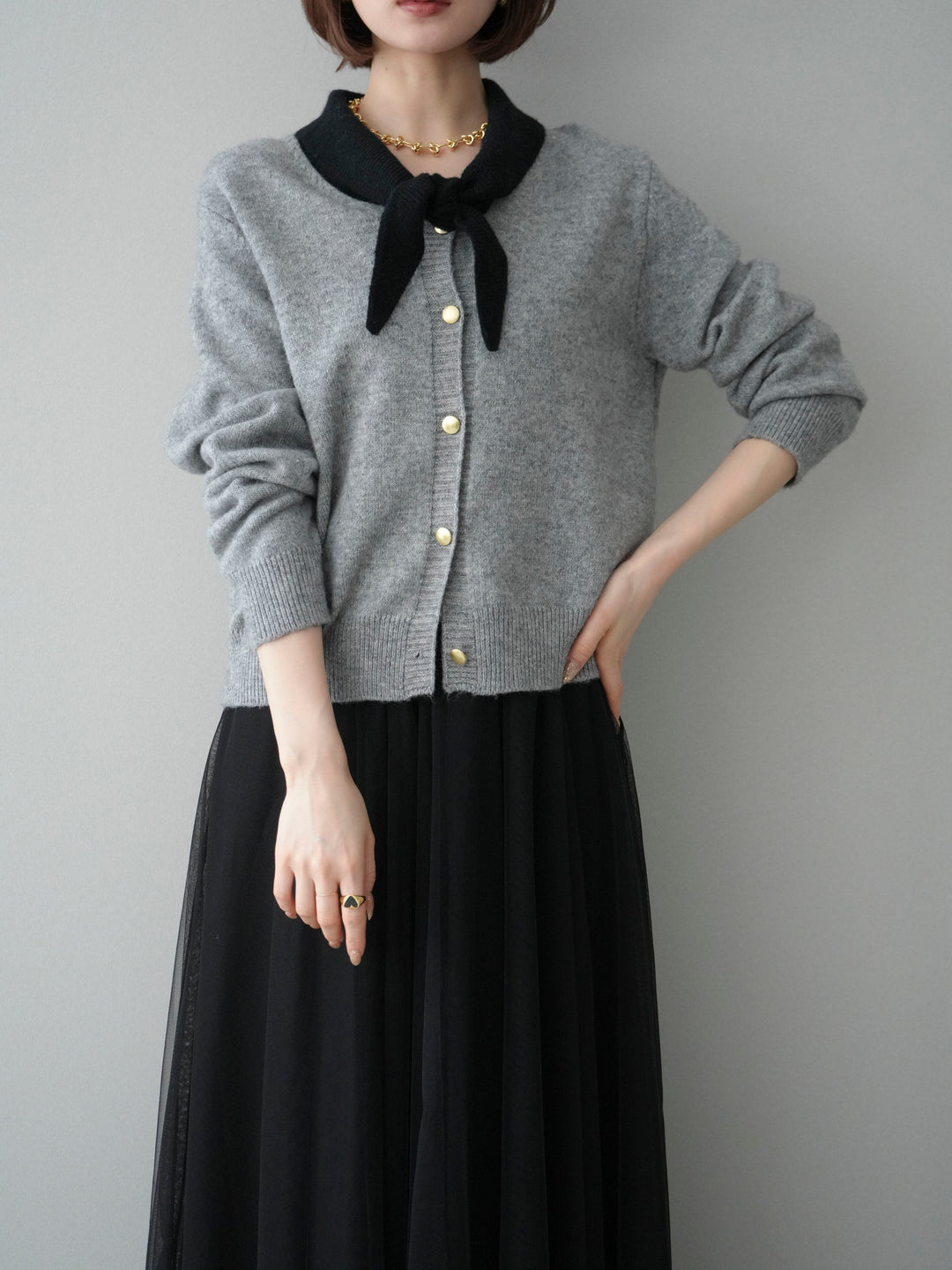 [SET]デザイン襟ニットカーディガン+チュールボリュームスカート(2set)
