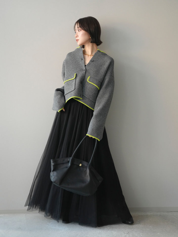 [SET]ポリエステル配色ニットカーディガン+チュールボリュームスカート(2set)