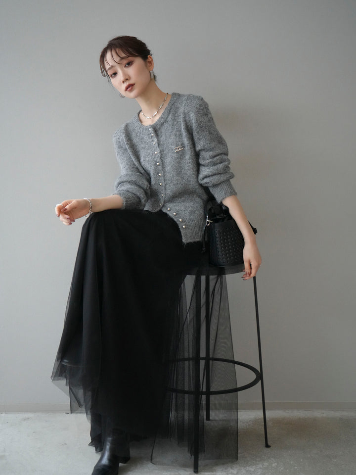 [SET]ブローチ付silverボタンミックスニットカーディガン+選べるアクセセット(2set)