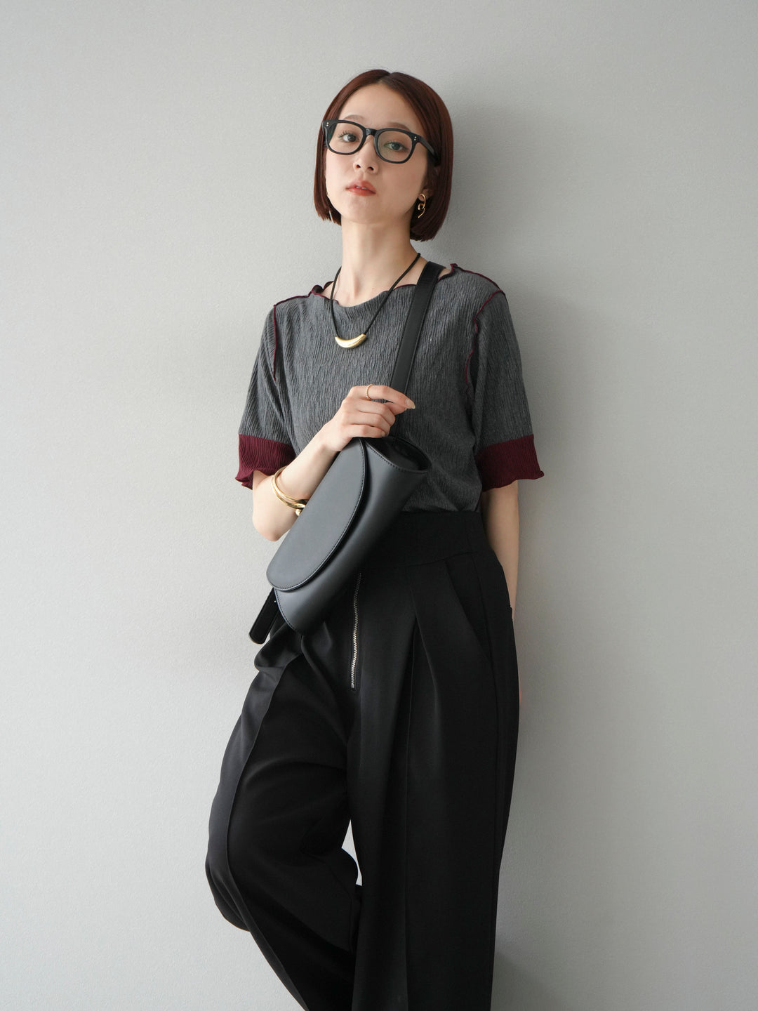 [SET] 百褶同色船領套頭衫 + 拉鍊褶襉寬褲 (2 套)