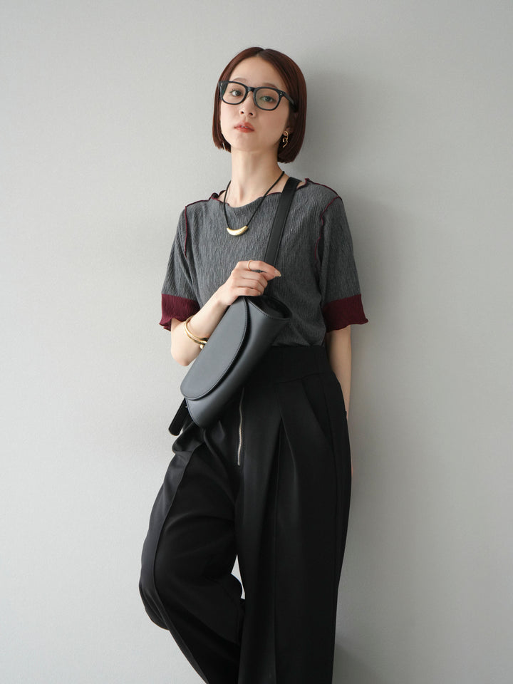 [SET] 百褶同色船領套頭衫 + 拉鍊褶襉寬褲 (2 套)