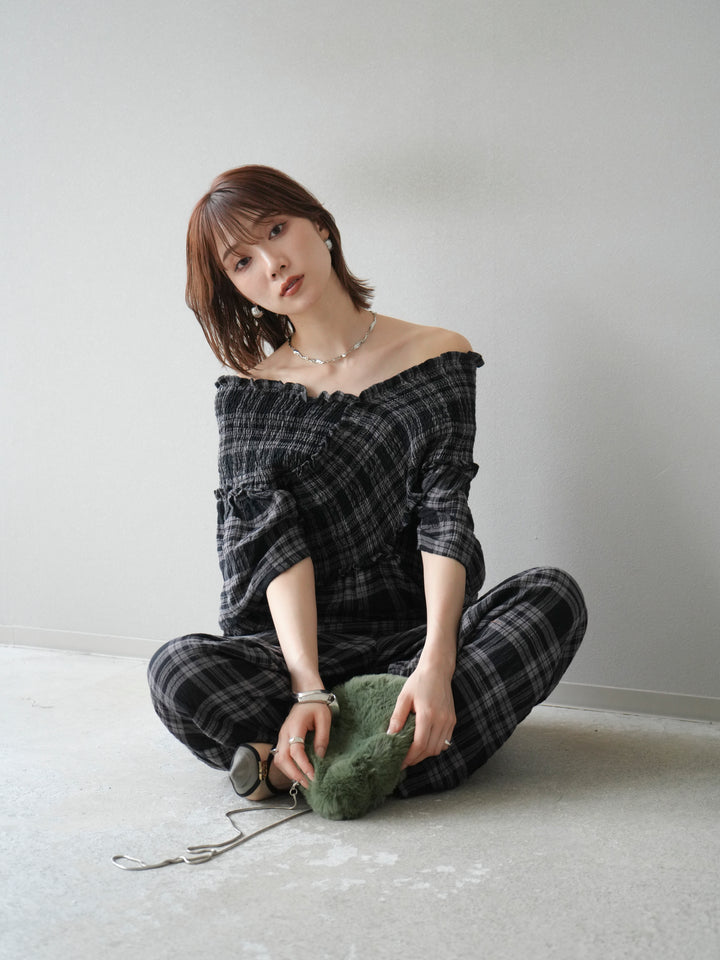 [予約]チェック柄ハーフスリーブシャーリングクロスサロペット/ブラック
