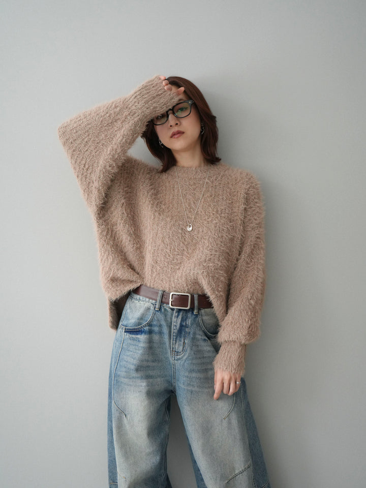 [SET]ボリュームスリーブシャギー MIXニットプルオーバー+ベルト付カーブデニムパンツ(2set)