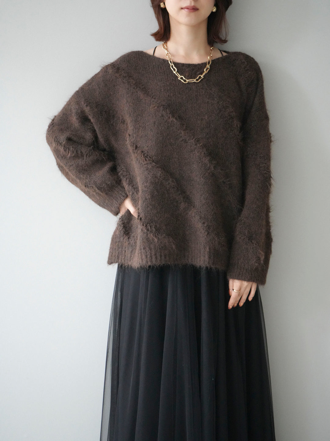 [予約]ブークレラインデザインニットプルオーバー/brown