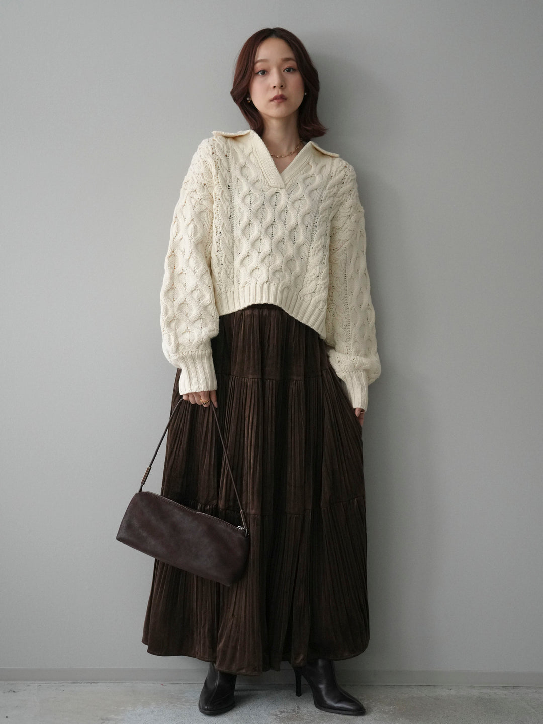 [SET]バルキーケーブルクロップド開襟プルオーバー+ベロアティアードワッシャースカート(2set)
