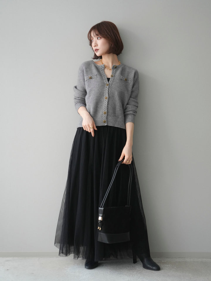 [SET]編みこみアンティークボタンニットカーディガン+チュールストライプボリュームスカート(2set)