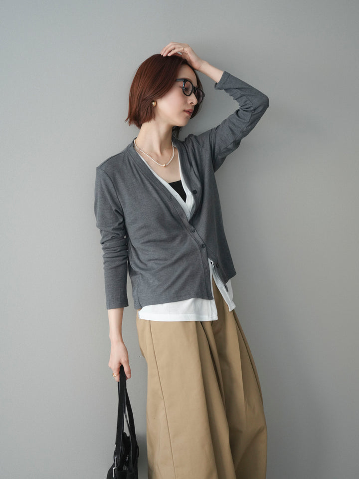 [予約]配色レイヤードカットリブカーディガン/gray