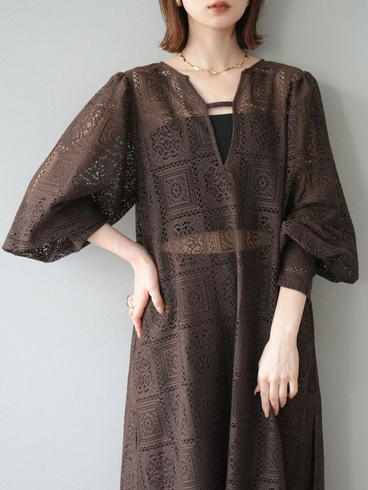 [予約]ブロックレースボリュームスリーブワンピース/ブラウン
