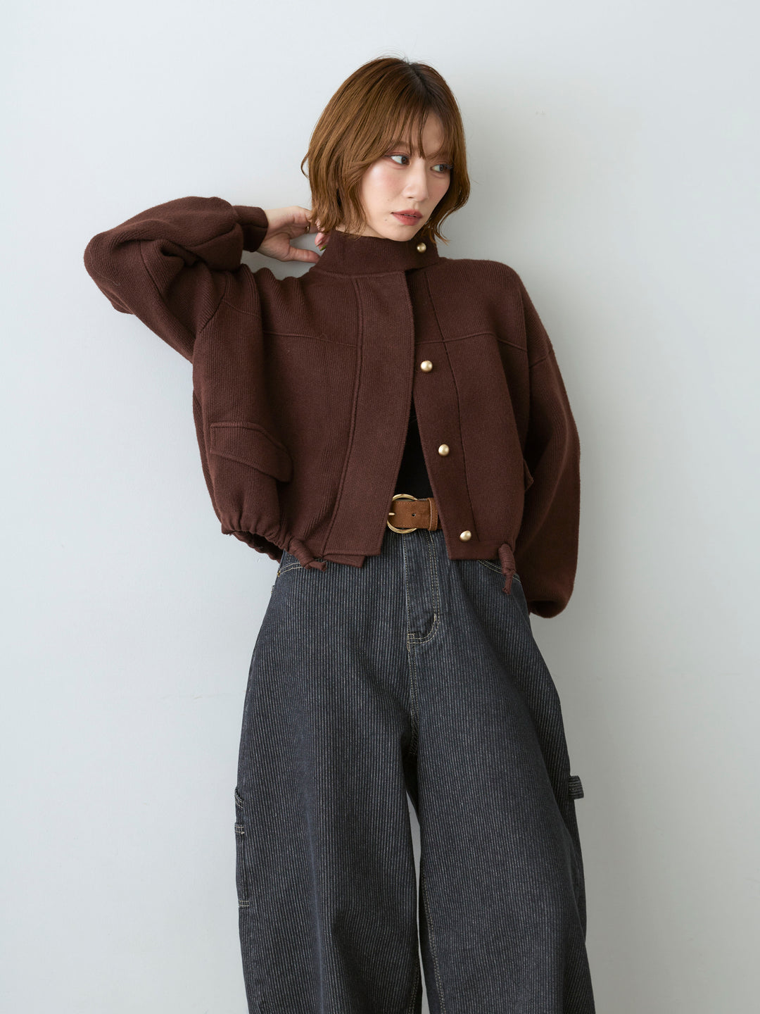 [SET]ゴールドボタンニットショートジャケット+ヒッコリーカーブデニム(2set)