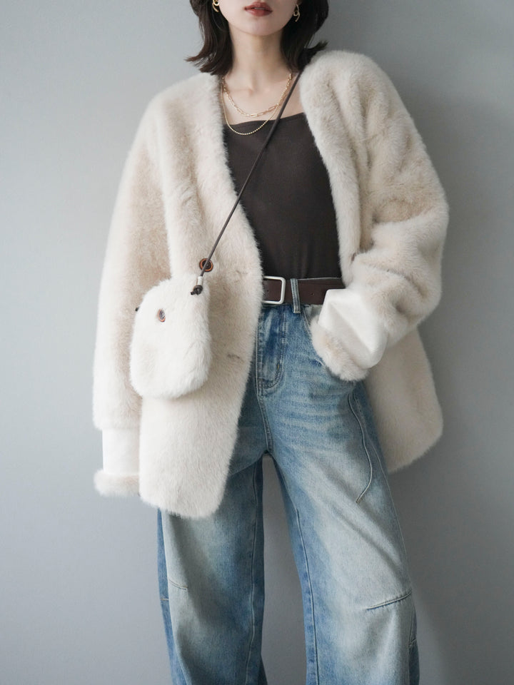 [SET]バッグ付エコファーノーカラーコート+選べるアクセセット(2set)