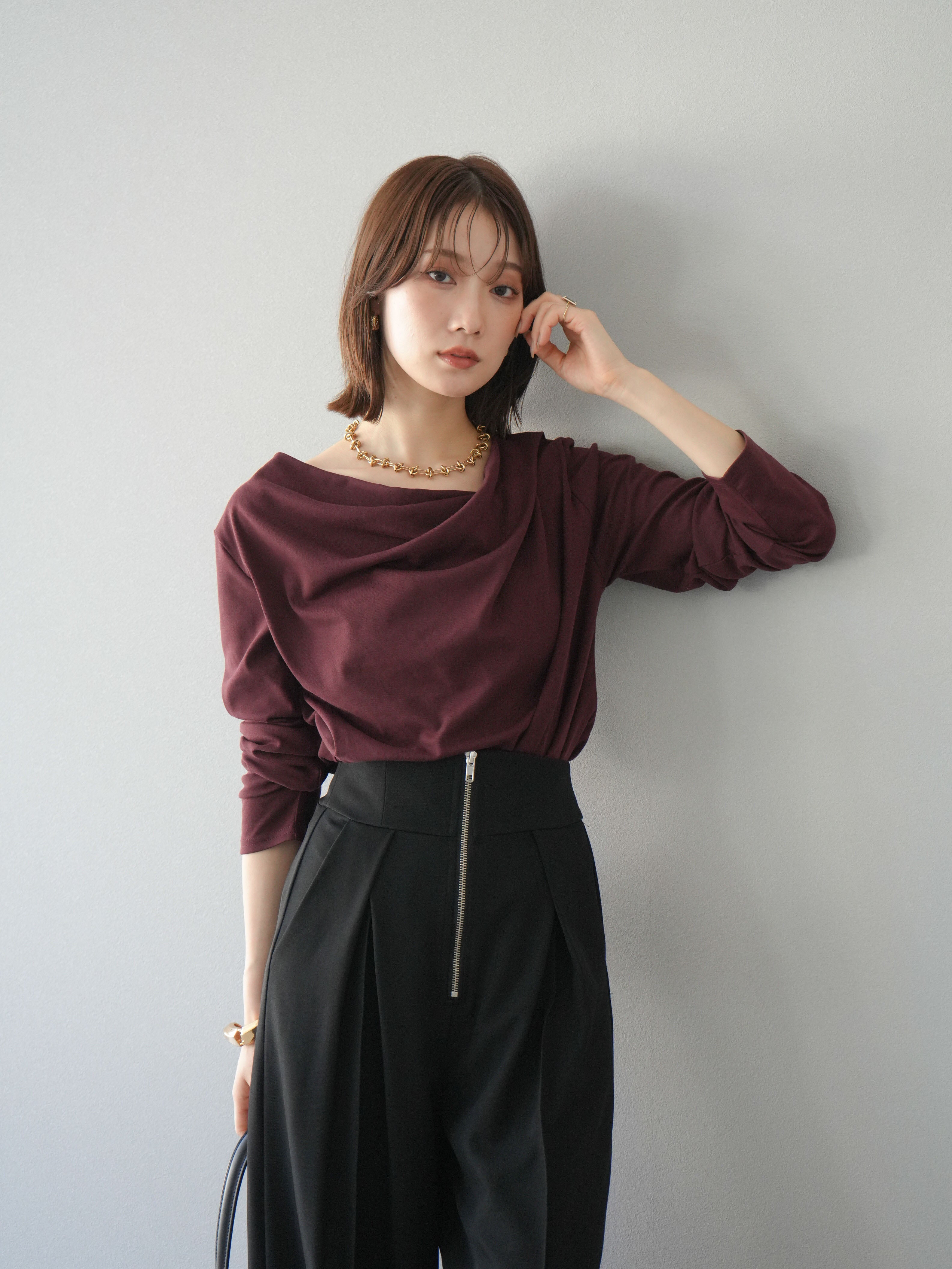 予約]ドレープデザインカットソー/ブラウン – Lumier