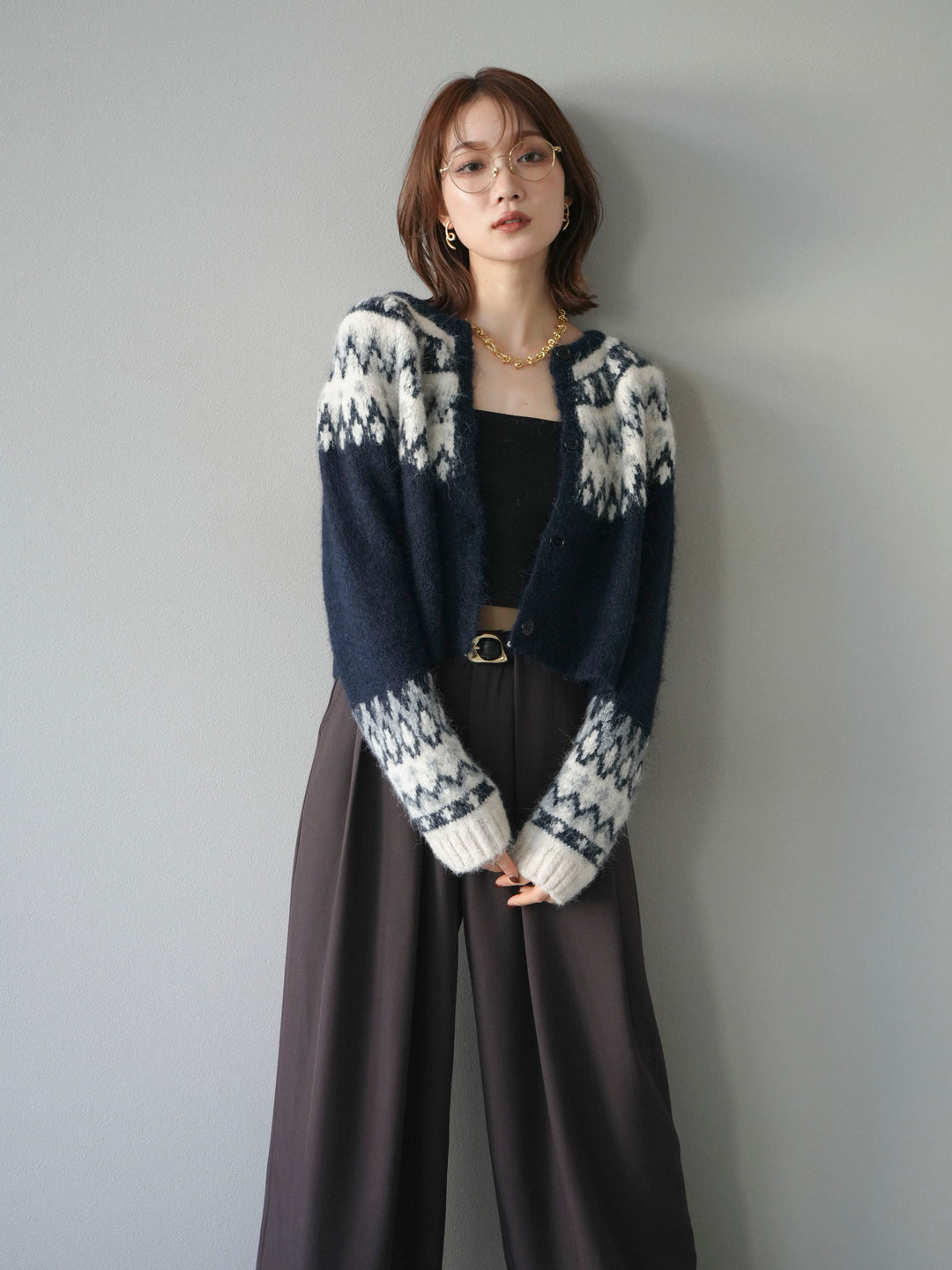 【着回しセット】[SET]求心柄クロップドニットカーディガン+ミックスヤーンペイズリー柄ニットカーディガン+ベルトループデザインワイドパンツ(3set)