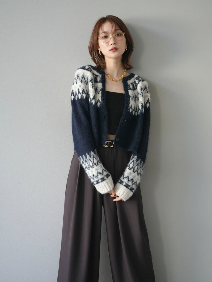 【着回しセット】[SET]求心柄クロップドニットカーディガン+ミックスヤーンペイズリー柄ニットカーディガン+ベルトループデザインワイドパンツ(3set)