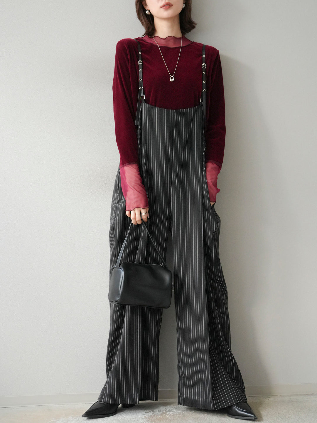 [予約]ヘリンボーンストライプサロペット/ブラック