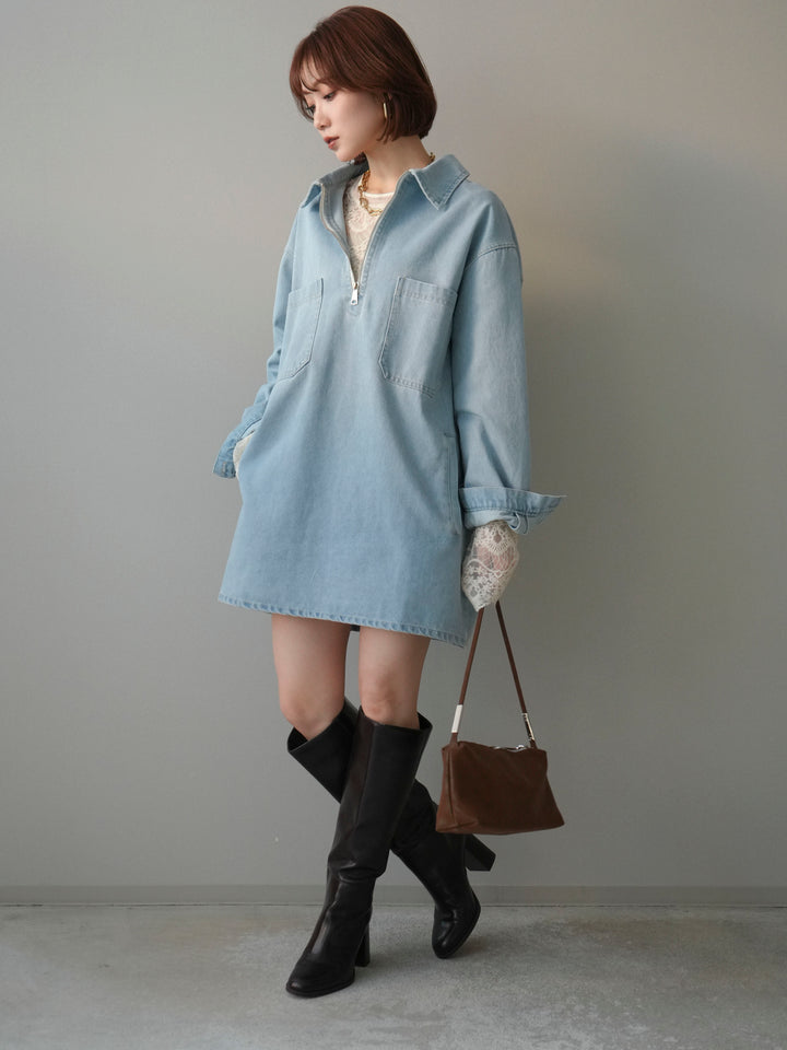 [SET]ハーフジップデニムミニワンピース+チュールレーストップス(2set)