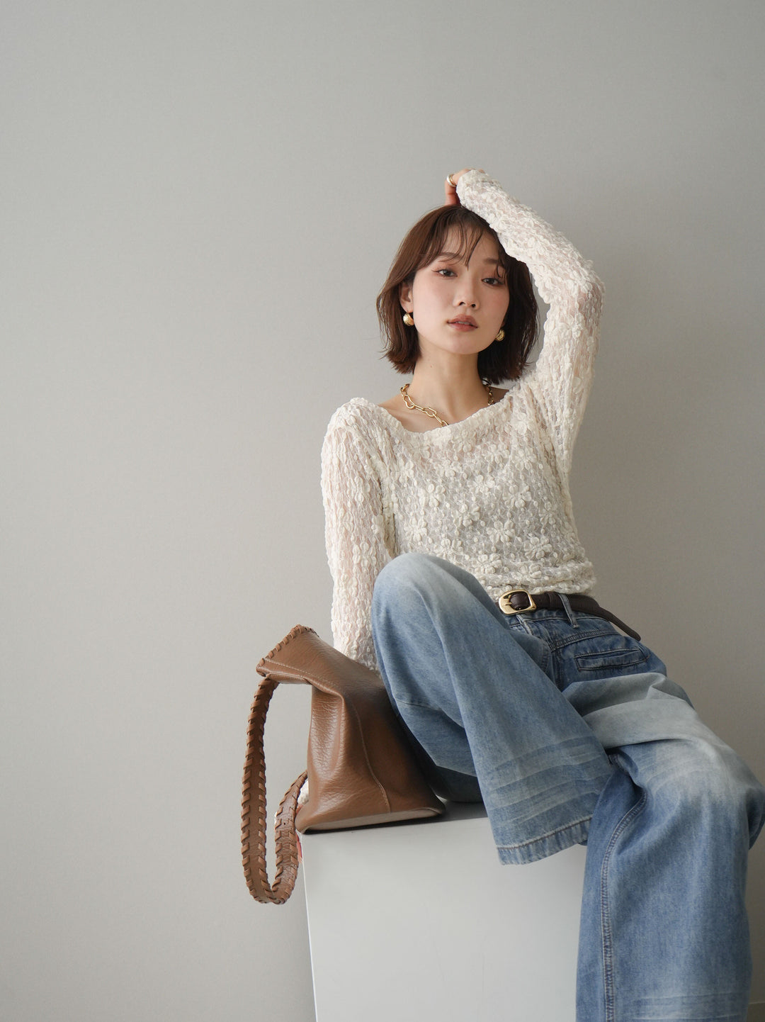 [SET]サイドギャザーレーストップス+フロントポケットサイドタックワイドデニム(2set)