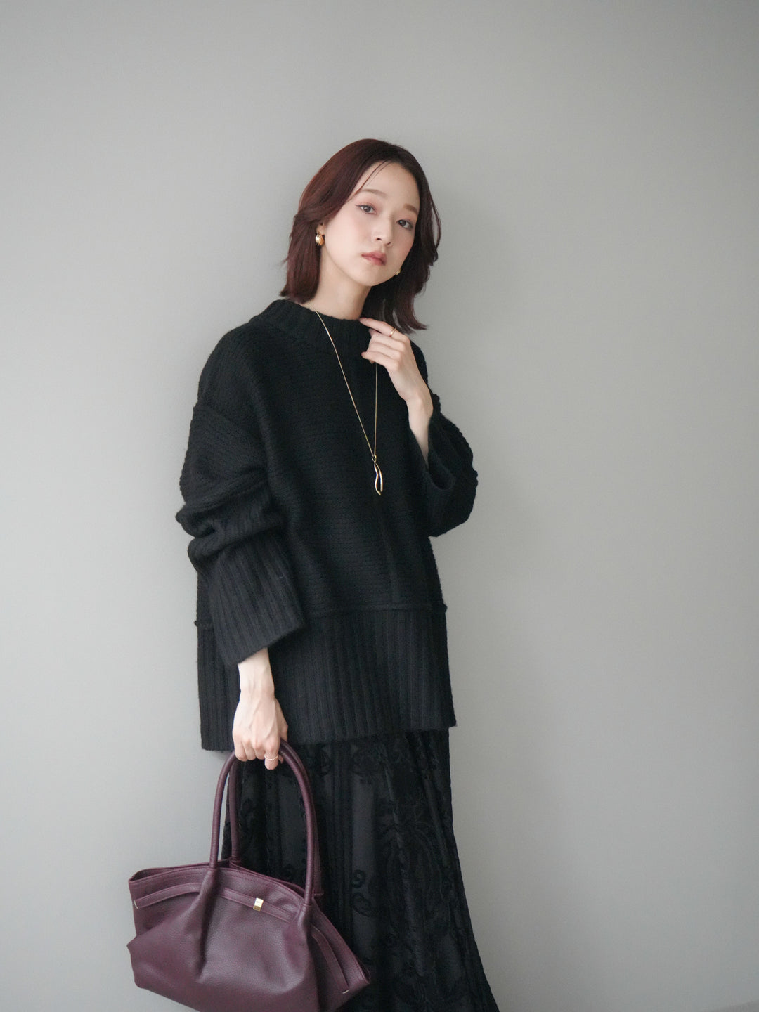 [SET]編み地切替ボトルネックニットプルオーバー+アンティーク柄フロッキーマキシスカート(2set)