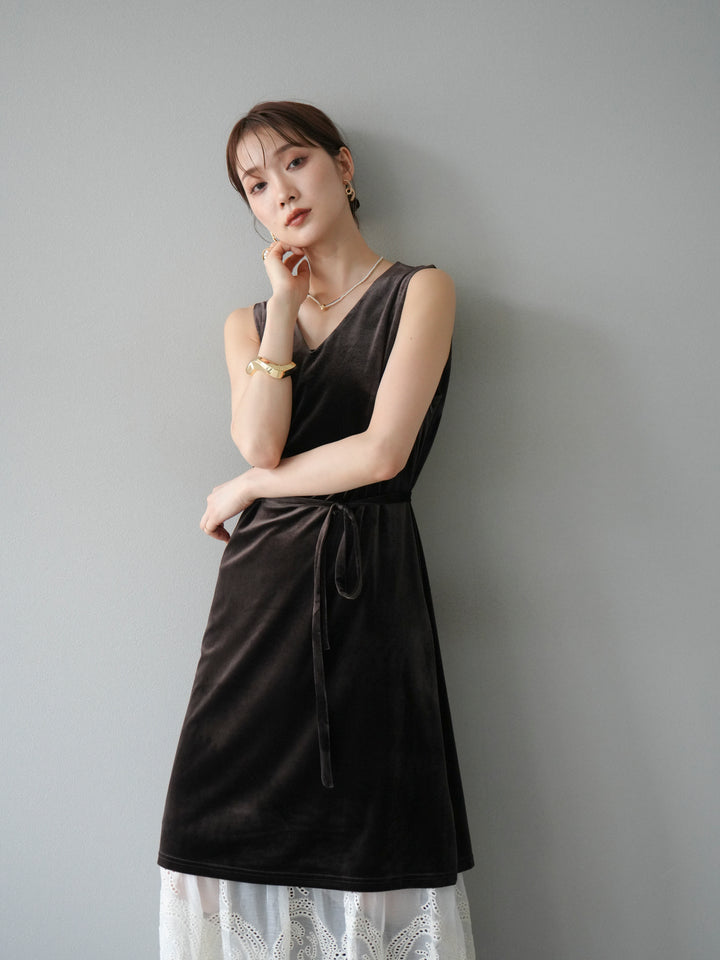 [予約]裾コットンレースベロアワンピース/ブラウン