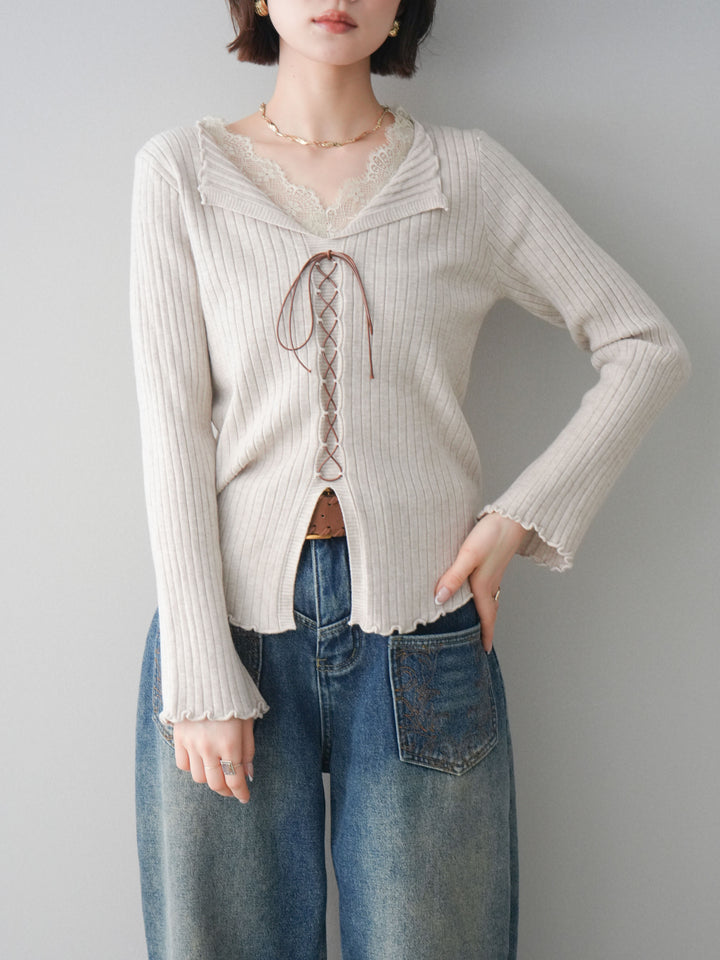 [予約]レースネックレースアップリブニットトップス/greige