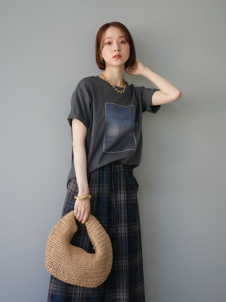 [SET] 薄紗層疊印花T卹 + 透視格紋寬鬆褲 (2件套)