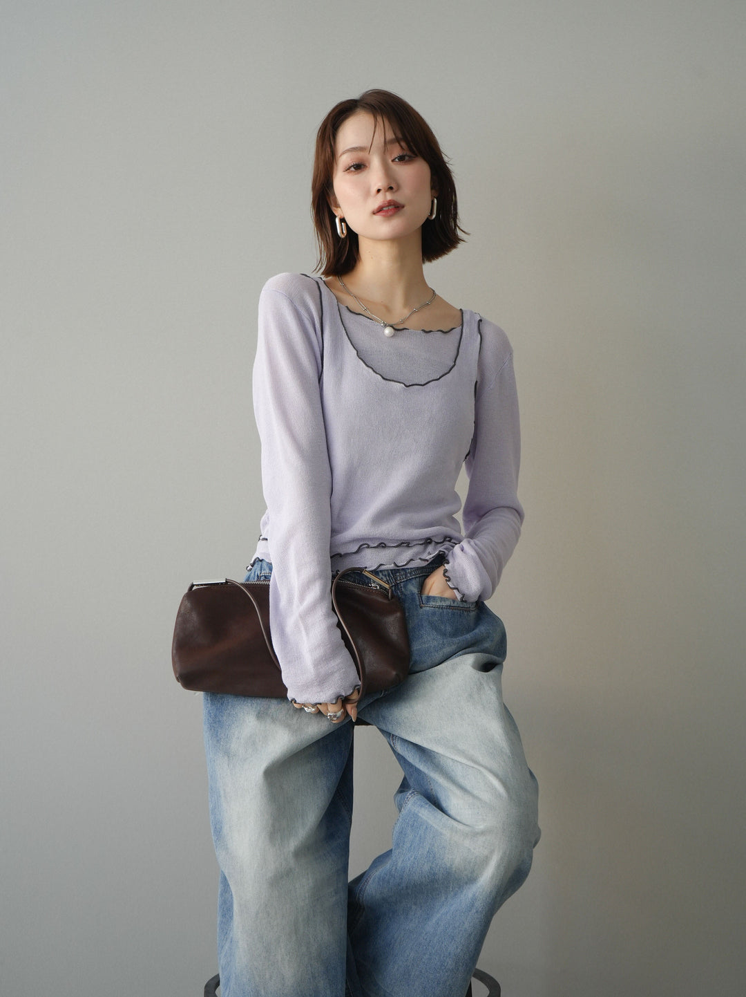 [SET]バイカラーメローアンサンブルシアーニットトップス+バイカラーメローアンサンブルシアーニットトップス(2set)