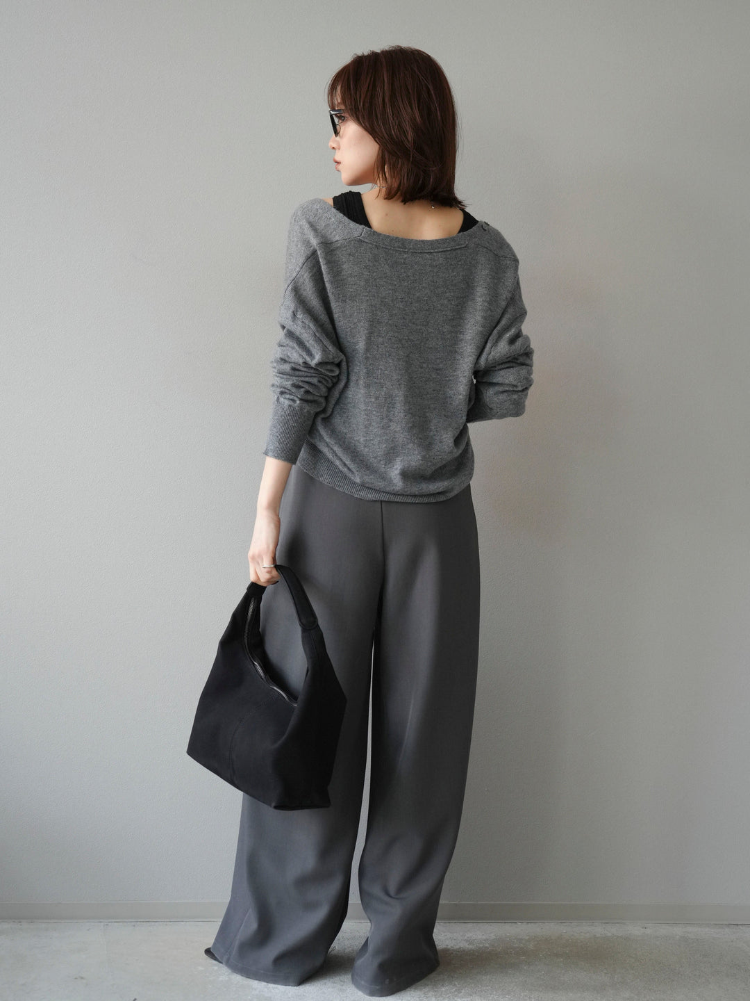 [SET]デザインボタンニットカーディガン＆タンクトップSET+ベルトループデザインワイドパンツ(2set)