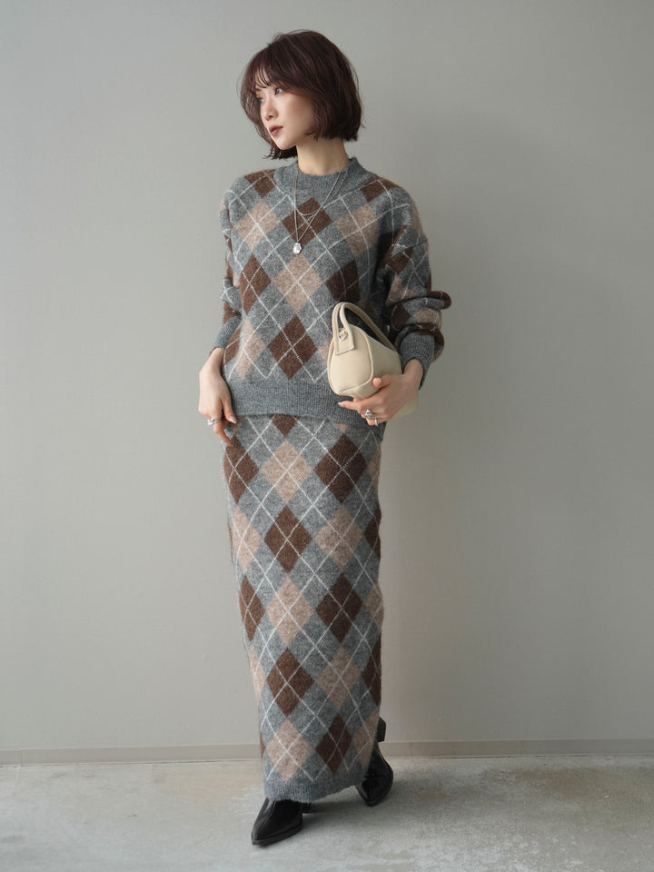[SET]アーガイルニットプルオーバー&ロングスカートSET UP+選べるアクセセット(2set)