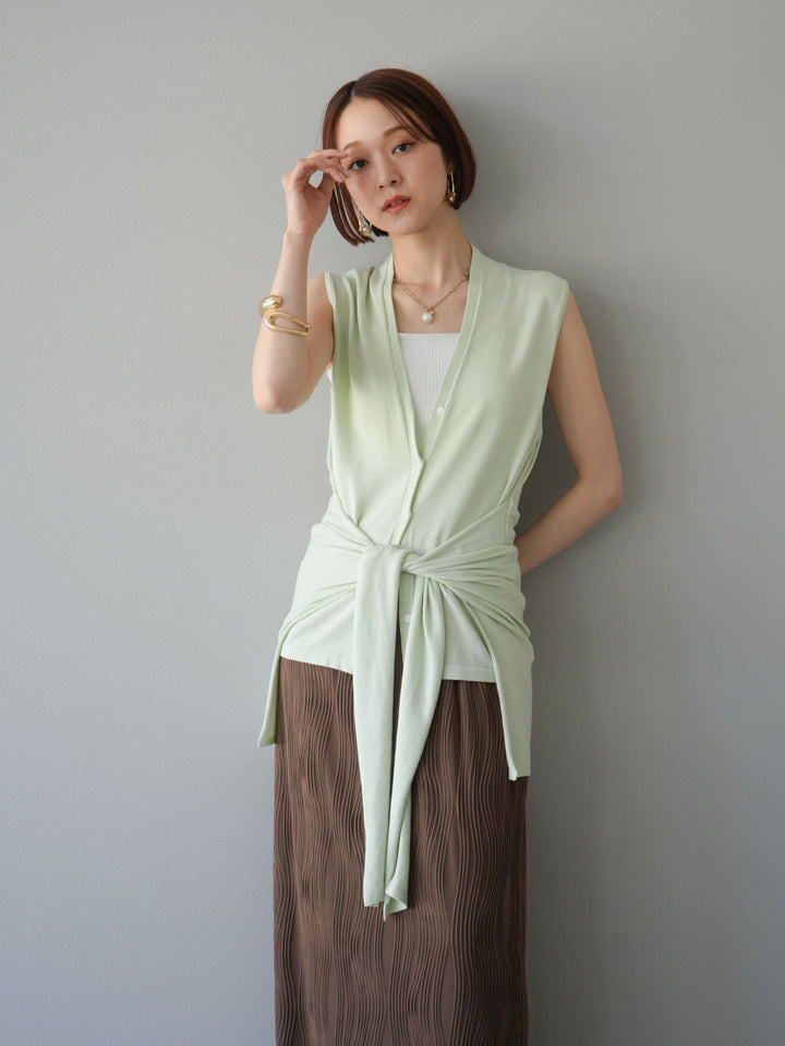 [SET]腰巻きデザインノースリーブニットカーディガン+ウェーブパイピングタイトスカート(2set)