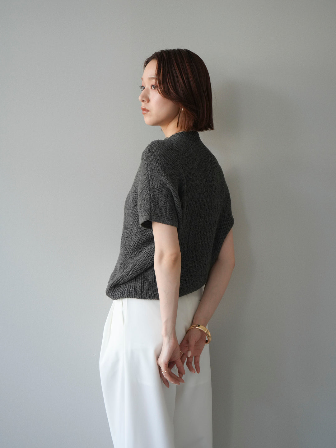 [SET]アシンメトリーローゲージニットトップス+アシンメトリーベルトタックワイドパンツ(2set)