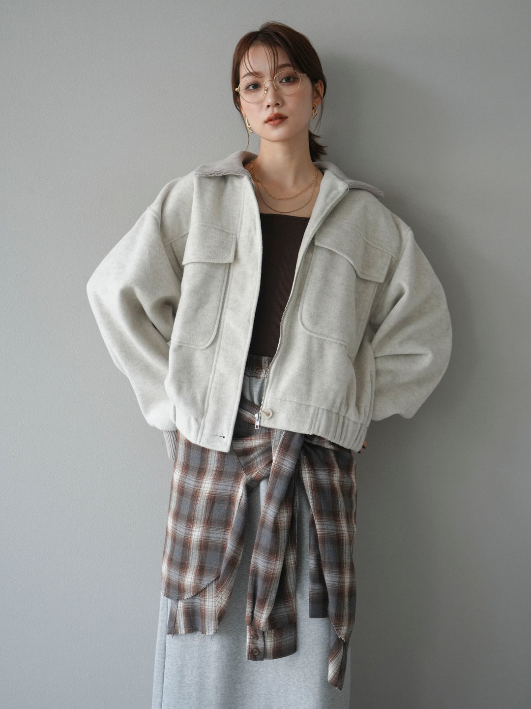 [予約]ウールタッチ襟リブステンカラーショートコート/oatmeal