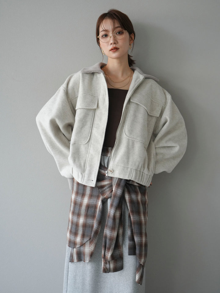 [予約]ウールタッチ襟リブステンカラーショートコート/oatmeal