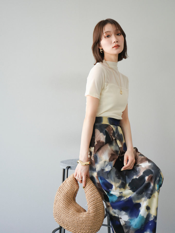 [SET] 透視半袖上衣 + 水彩印花褶襉I字裙 (2set)