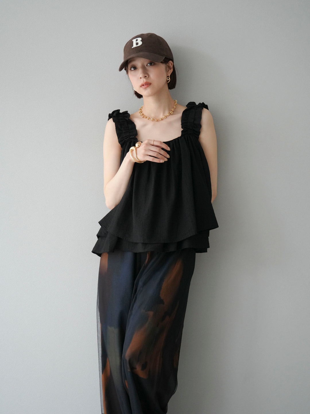 [SET] 縮肩喇叭背心 + 水彩藝術休閒褲 (2 件組)