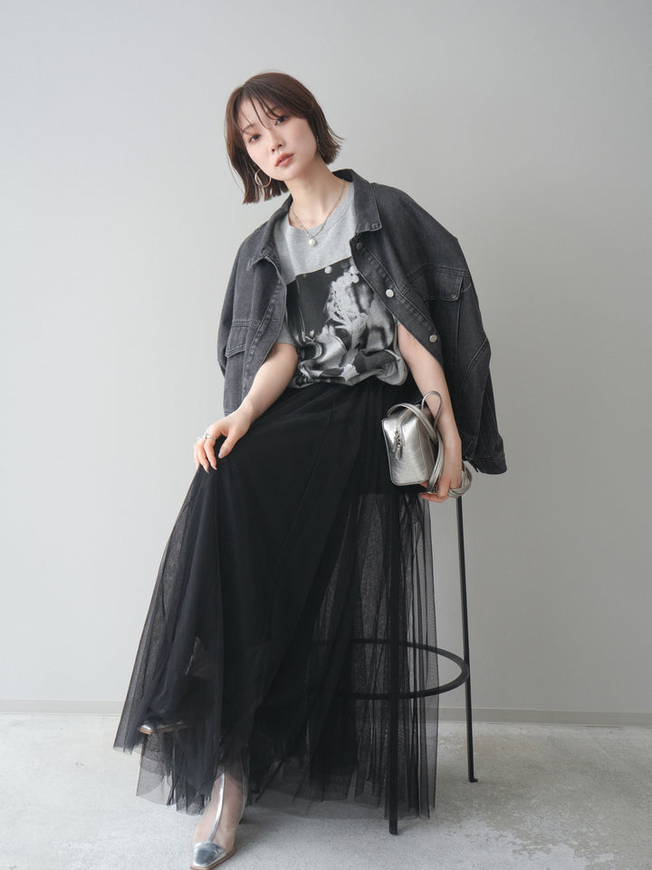 [SET]ルーズシルエットデニムジャケット+チュールボリュームスカート(2set)