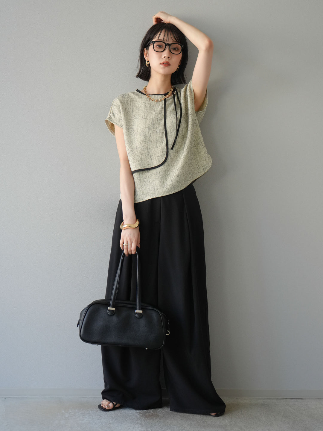 [SET]サマーツイードケープデザインプルオーバー+クレープシフォンタックワイドパンツ(2set)