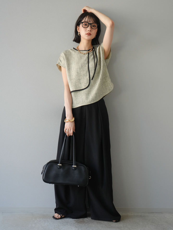 [SET]サマーツイードケープデザインプルオーバー+クレープシフォンタックワイドパンツ(2set)