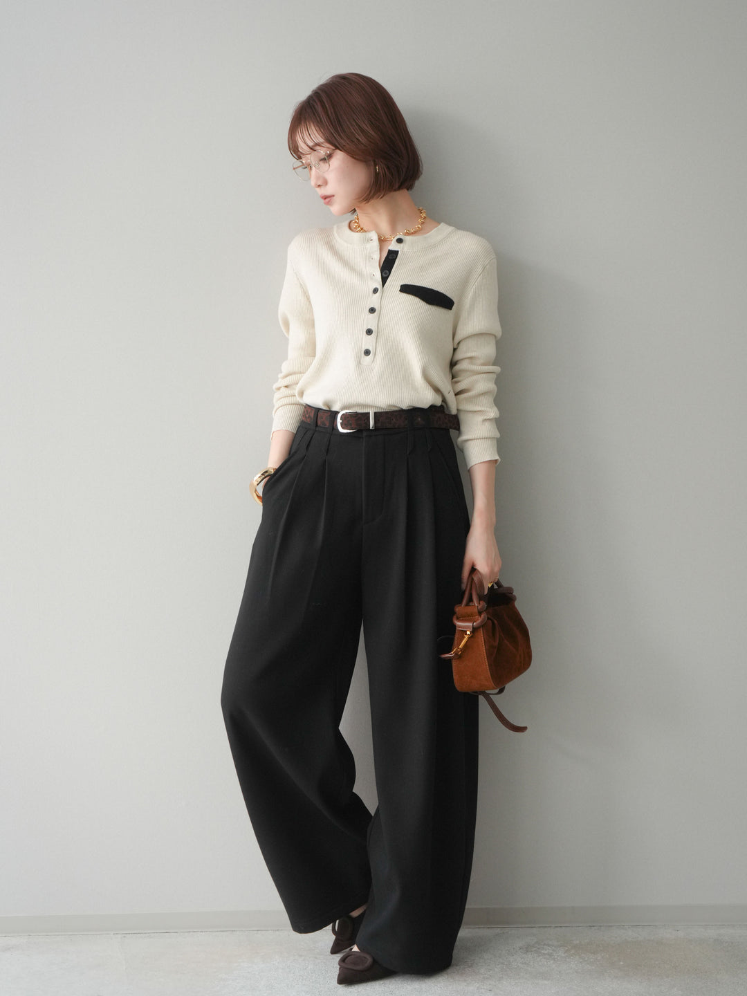 [SET]バイカラーデザインポケット配色ヘンリーネックニットソー+アニマル柄ベルト付きウールタッチワイドパンツ(2set)