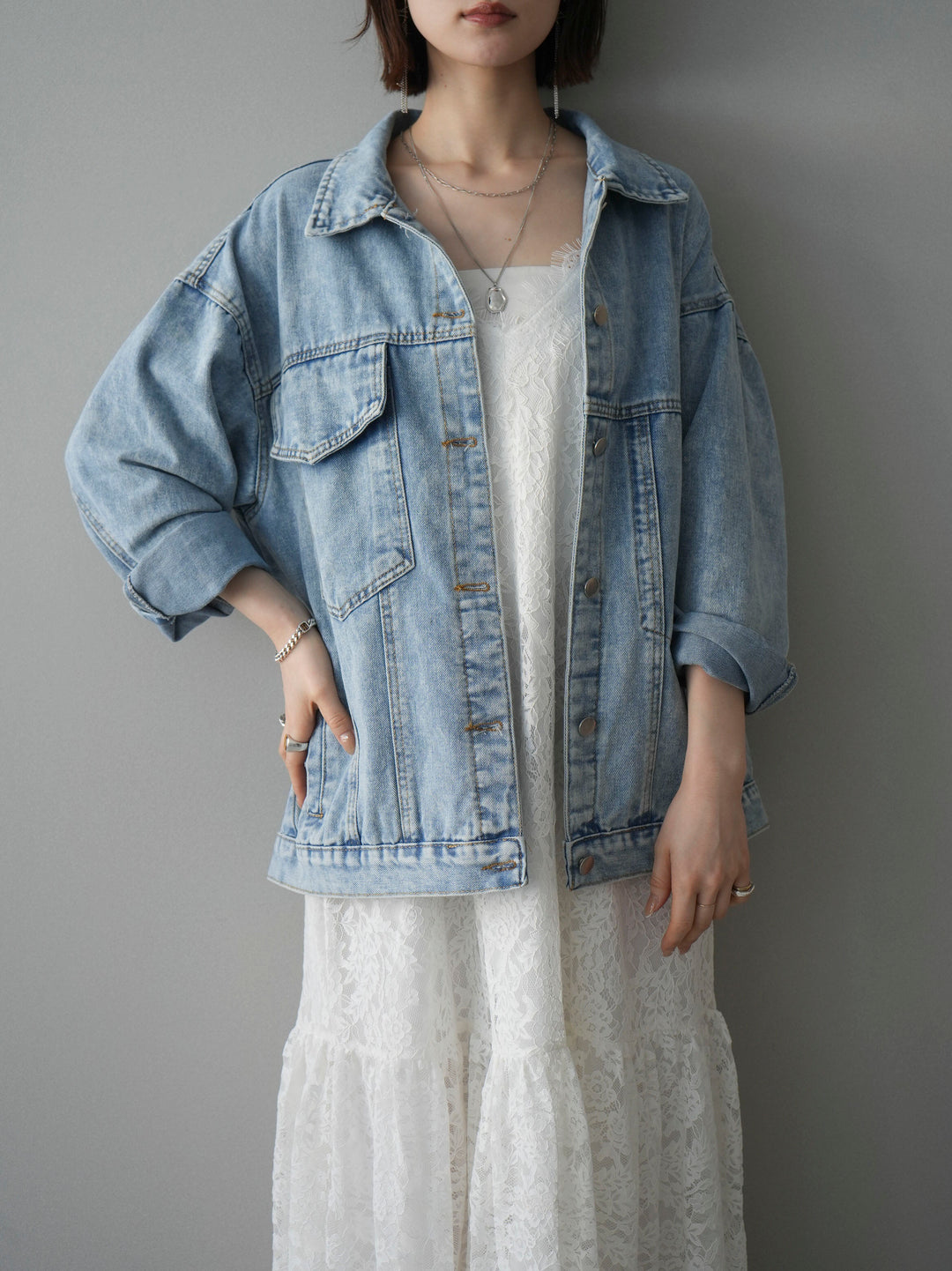 [SET]ギャザー切替レースキャミワンピース+デザインBIGポケットオーバーデニムジャケット(2set)