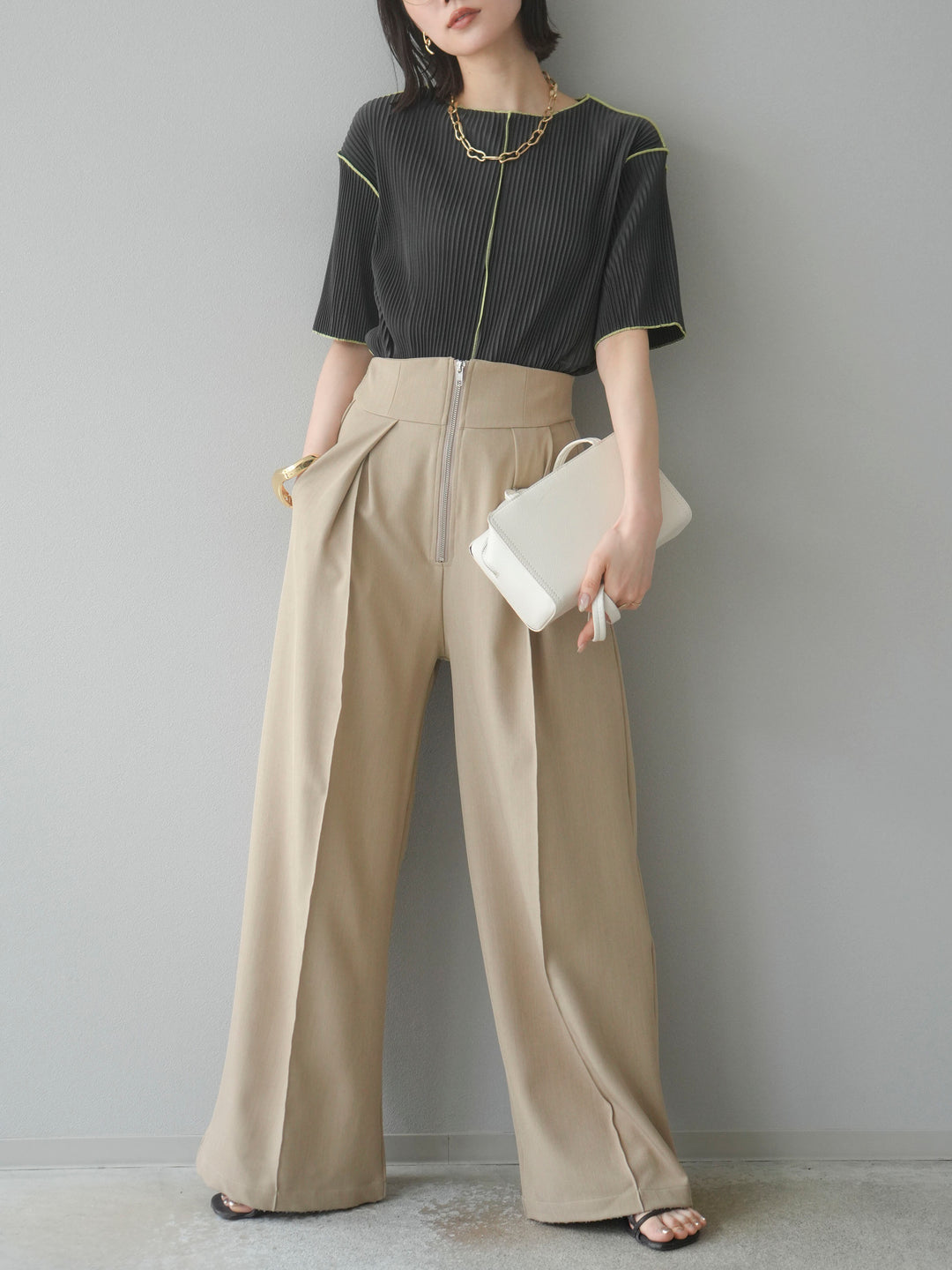 【SET】配色褶皺半袖上衣 + 配色褶皺半袖上衣 (2 件套)