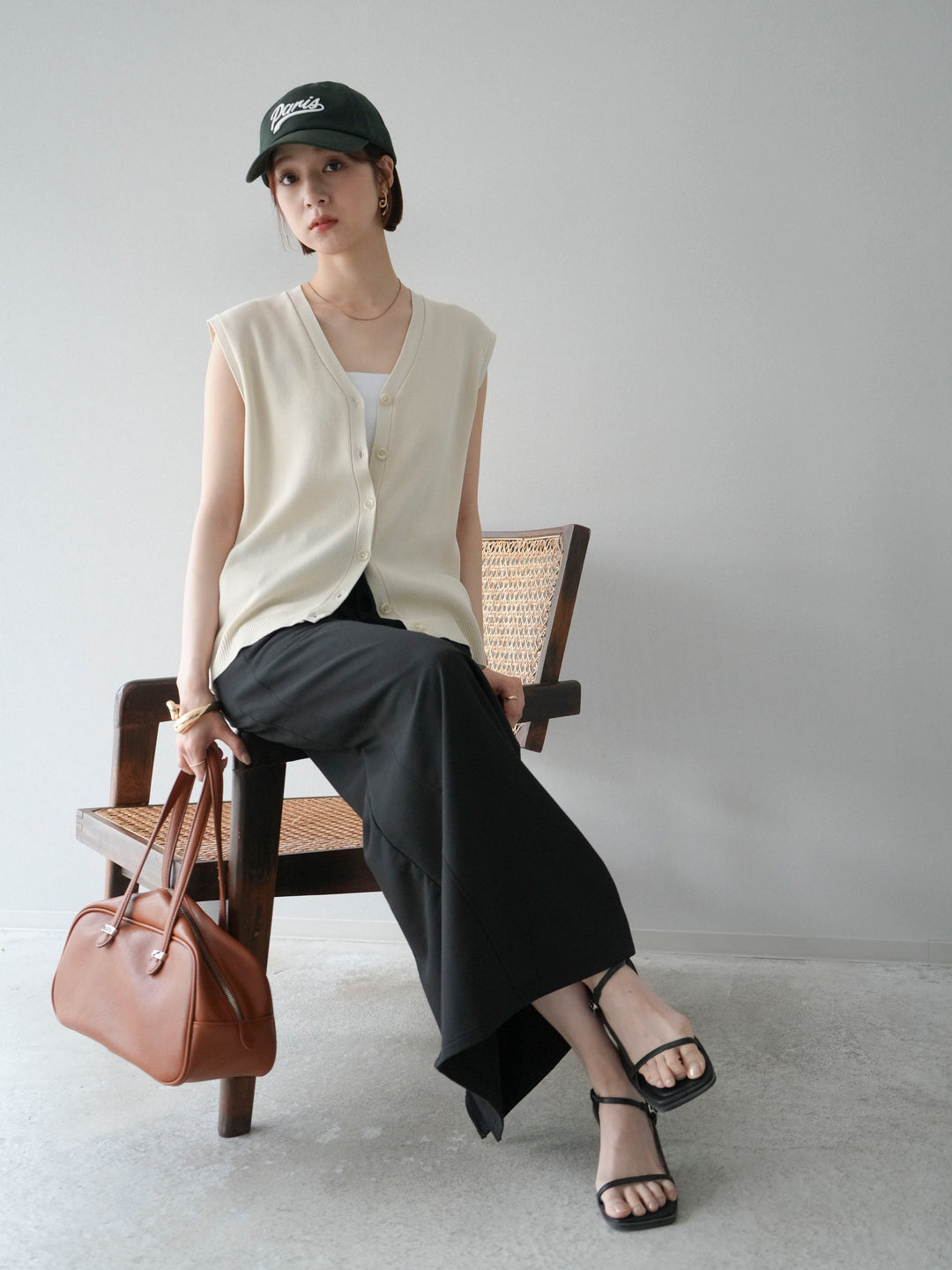 [SET]Vネックレーヨンニットベスト+スウェットロングスカート(2set)