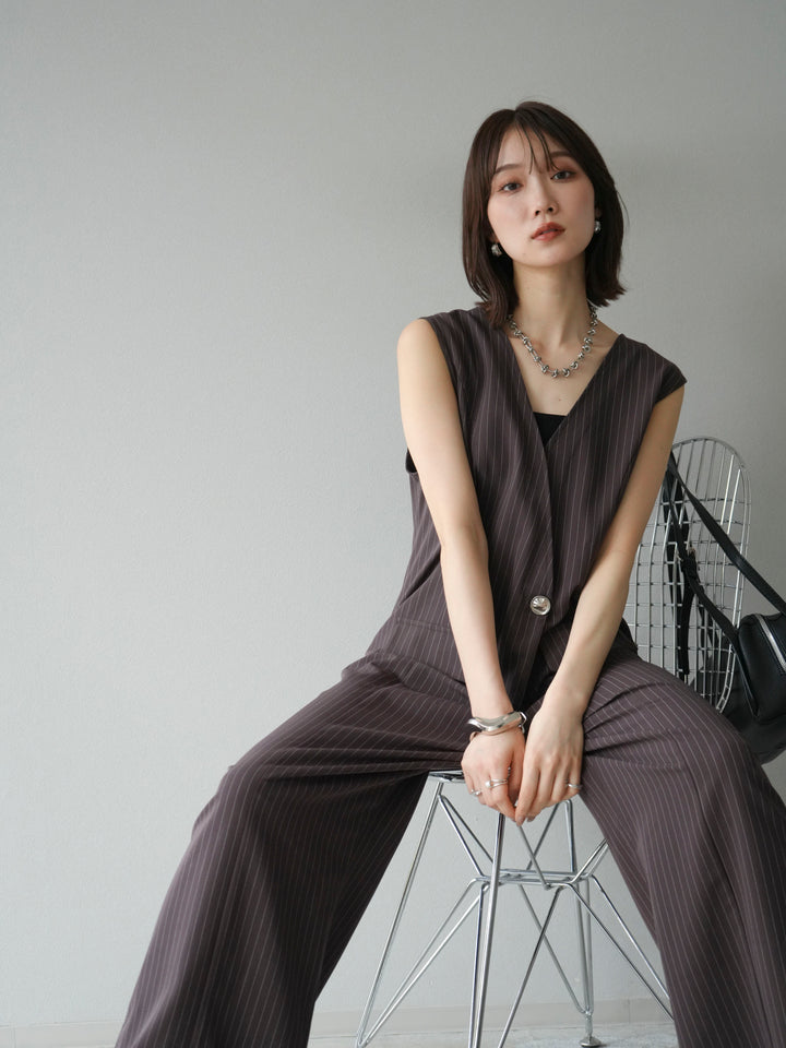 [予約]ストライプラップデザインオールインワン/ブラウン