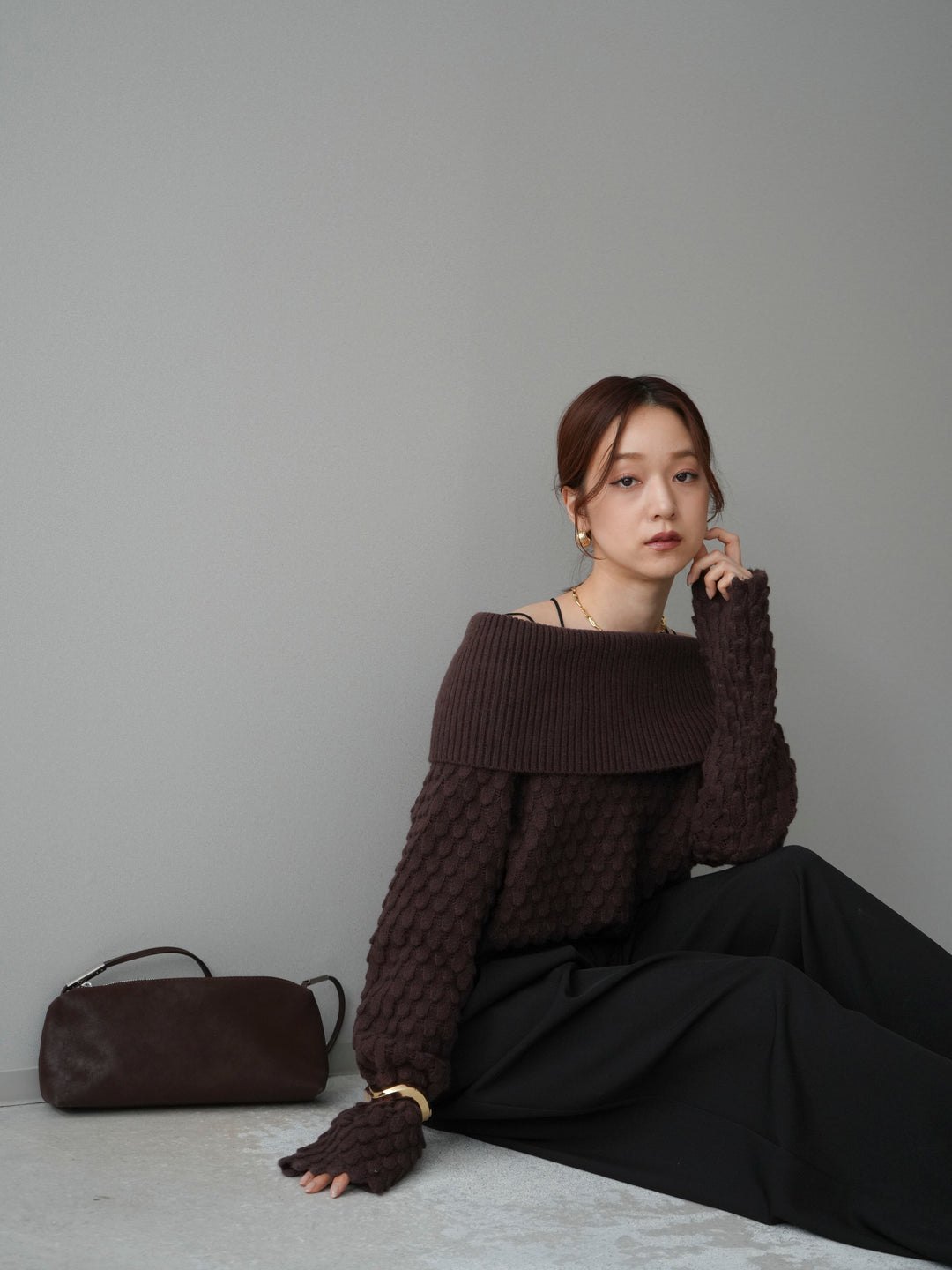 [SET]ポコポコ編みオフショルニットプルオーバー+ベルトループデザインワイドパンツ(2set)